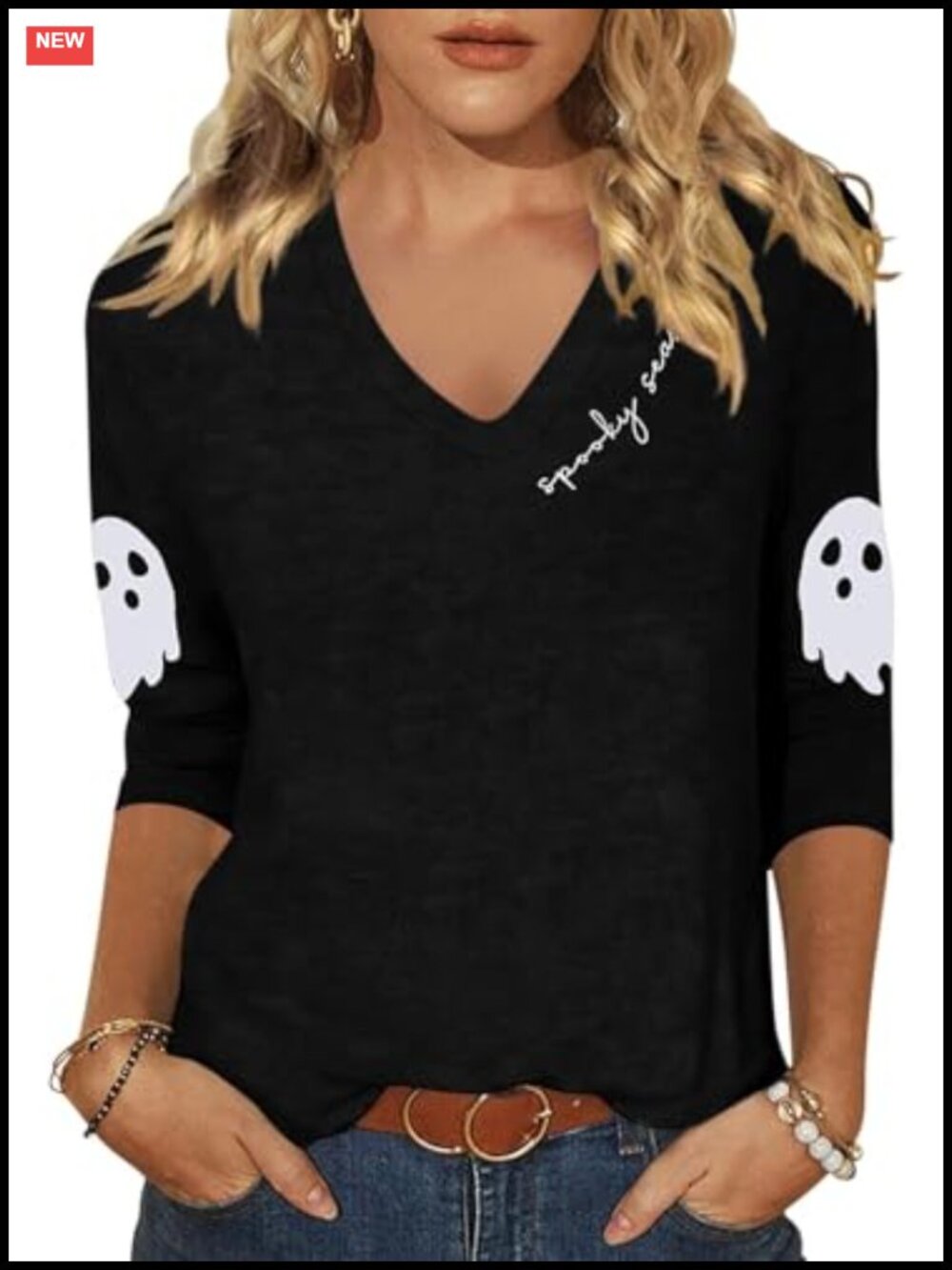 Women's V-Neck 3/4 Sleeve Spooky Season Graphic Tee Casual Halloween Tops